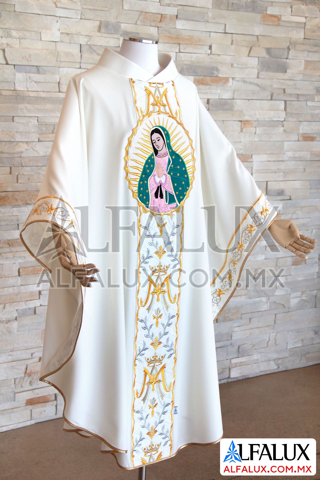 28 MARIA REINA Alfalux Casulla Blanco Lateral Medallon Virgen 93 (6)